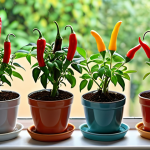 **A vibrant and colorful display of mini chili plants in pots on a windowsill.** Focus on the variety of chili colors and shapes, suggesting culinary use.