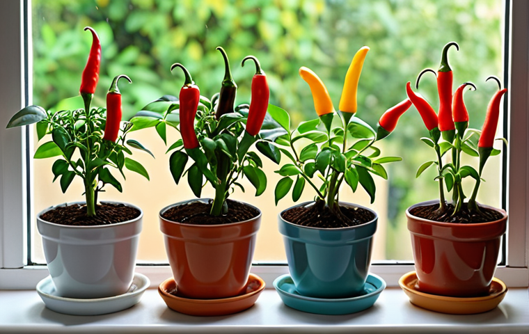 **A vibrant and colorful display of mini chili plants in pots on a windowsill.** Focus on the variety of chili colors and shapes, suggesting culinary use.