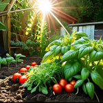 A vibrant, thriving organic home garden in a German setting, showcasing lush, healthy plants (e.g., tomatoes with basil, carrots with rosemary, corn, beans, squash) growing in rich, dark, crumbly soil. Sunlight filters through the leaves, illuminating a diverse companion planting arrangement. A subtle hint of beneficial insects (like a ladybug on a leaf) is present, embodying natural pest control. The overall atmosphere is one of ecological balance, natural abundance, and a gardener's deep satisfaction. Detailed, natural lighting.