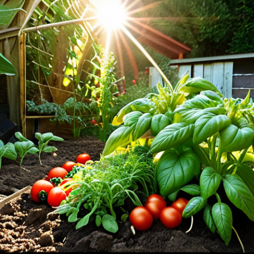 A vibrant, thriving organic home garden in a German setting, showcasing lush, healthy plants (e.g., tomatoes with basil, carrots with rosemary, corn, beans, squash) growing in rich, dark, crumbly soil. Sunlight filters through the leaves, illuminating a diverse companion planting arrangement. A subtle hint of beneficial insects (like a ladybug on a leaf) is present, embodying natural pest control. The overall atmosphere is one of ecological balance, natural abundance, and a gardener's deep satisfaction. Detailed, natural lighting.