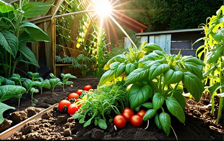 A vibrant, thriving organic home garden in a German setting, showcasing lush, healthy plants (e.g., tomatoes with basil, carrots with rosemary, corn, beans, squash) growing in rich, dark, crumbly soil. Sunlight filters through the leaves, illuminating a diverse companion planting arrangement. A subtle hint of beneficial insects (like a ladybug on a leaf) is present, embodying natural pest control. The overall atmosphere is one of ecological balance, natural abundance, and a gardener's deep satisfaction. Detailed, natural lighting.