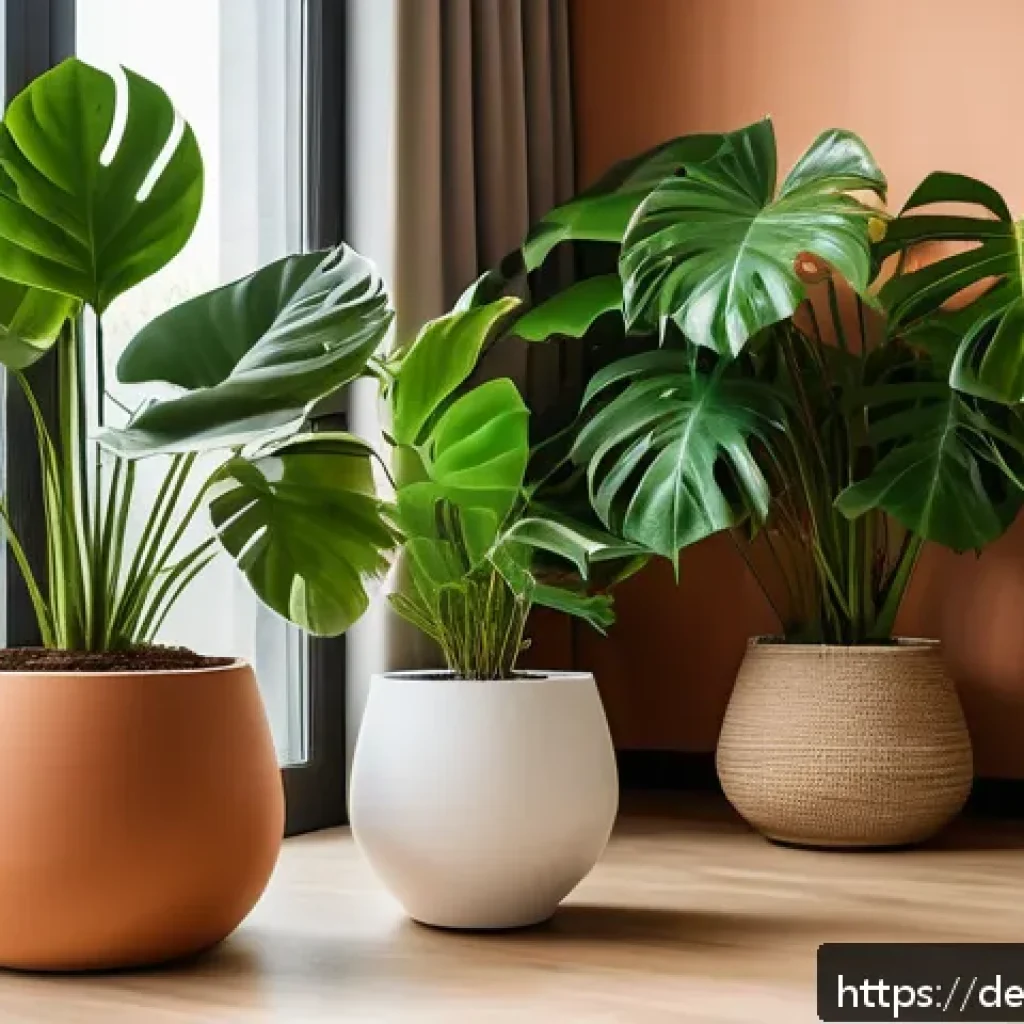식물별 최적의 물주기 방법 - A detailed indoor tropical plant scene featuring a lush Monstera and Ficus in stylish terracotta pot...