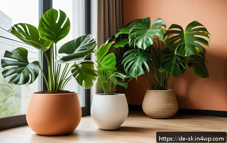 식물별 최적의 물주기 방법 - A detailed indoor tropical plant scene featuring a lush Monstera and Ficus in stylish terracotta pot...