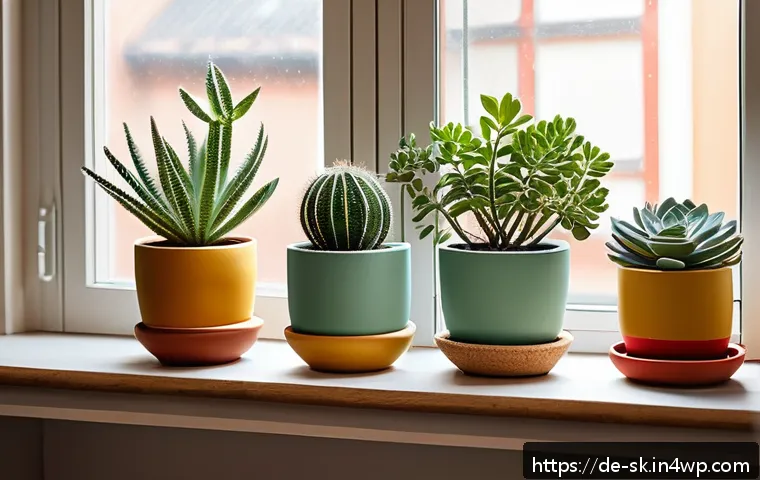 예쁜 화분 만들기 아이디어 - A cozy indoor scene showcasing a variety of handcrafted flower pots with playful, colorful designs. ...