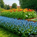 가정에서 사용 가능한 식물 보호제 만들기 - A vibrant garden scene in a typical German backyard during spring, featuring raised beds with health...