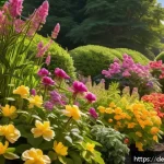 홈가드닝에서의 꽃 식물 관리 팁 - A vibrant, sunlit garden scene featuring a variety of flowers thriving in their ideal light conditio...