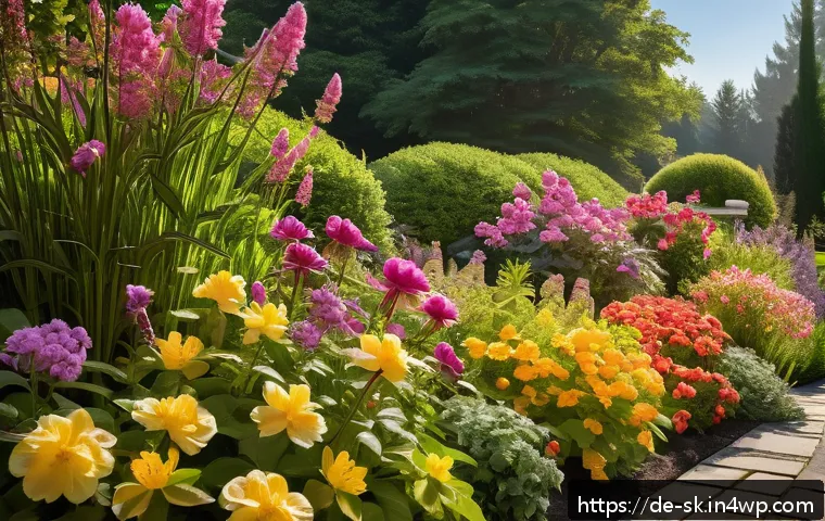 홈가드닝에서의 꽃 식물 관리 팁 - A vibrant, sunlit garden scene featuring a variety of flowers thriving in their ideal light conditio...