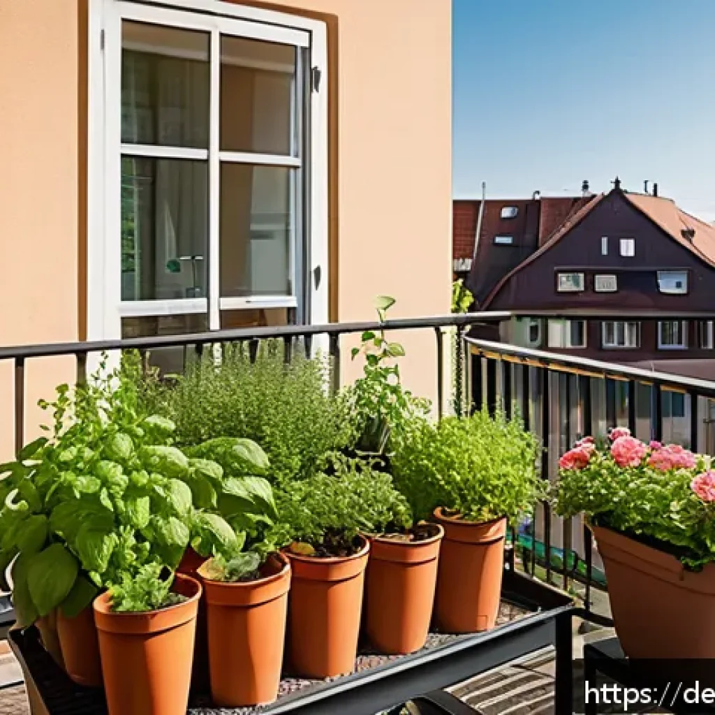 홈가드닝을 위한 전문가 인터뷰 - A bright, cozy balcony garden scene in Germany during late spring, featuring an assortment of potted...