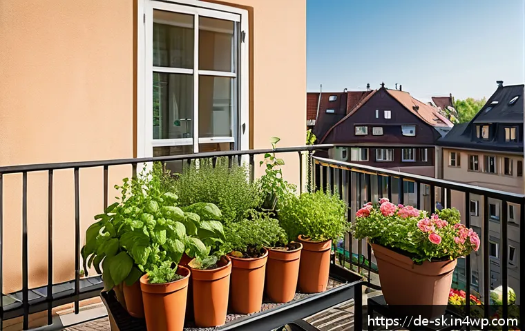 홈가드닝을 위한 전문가 인터뷰 - A bright, cozy balcony garden scene in Germany during late spring, featuring an assortment of potted...