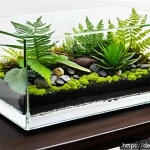 테라리움 만들기  단계별 가이드 - A sophisticated glass terrarium setup showcasing lush green moss and delicate ferns inside a clear, ...