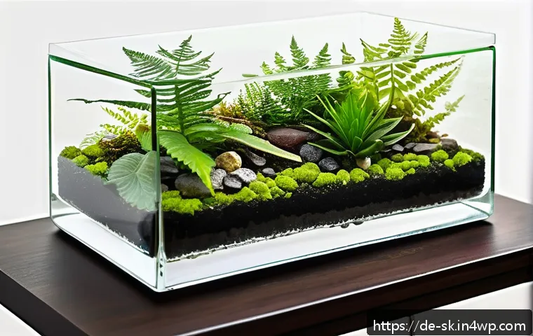 테라리움 만들기  단계별 가이드 - A sophisticated glass terrarium setup showcasing lush green moss and delicate ferns inside a clear, ...