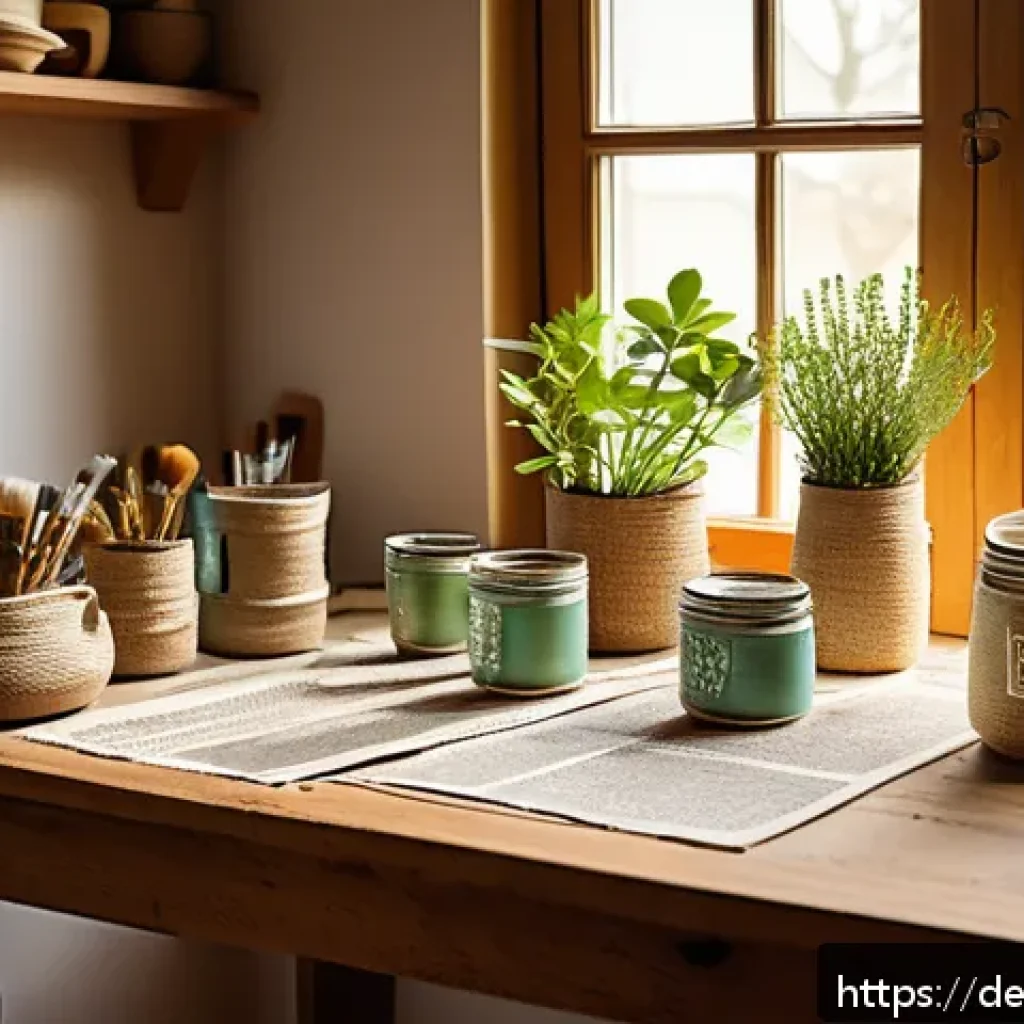 초보자를 위한 간단한 화분 만들기 - A cozy, sunlit craft room featuring a wooden table covered with newspaper and various recycled mater...