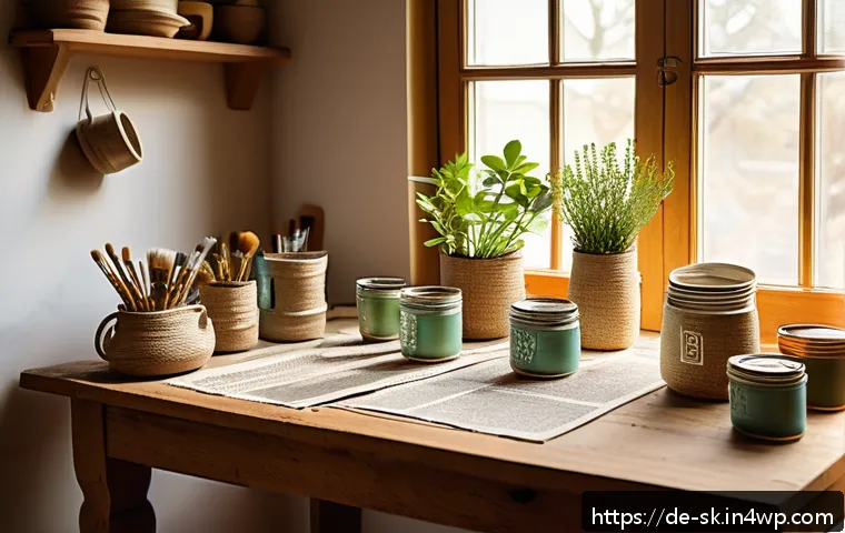 초보자를 위한 간단한 화분 만들기 - A cozy, sunlit craft room featuring a wooden table covered with newspaper and various recycled mater...