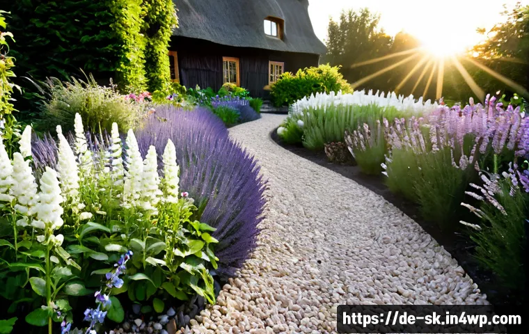 Home 17 정원에서의 다양한 식물 조합 아이디어 - Photorealistic German cottage garden in early summer, harmonious plant combination of lavender borde...
