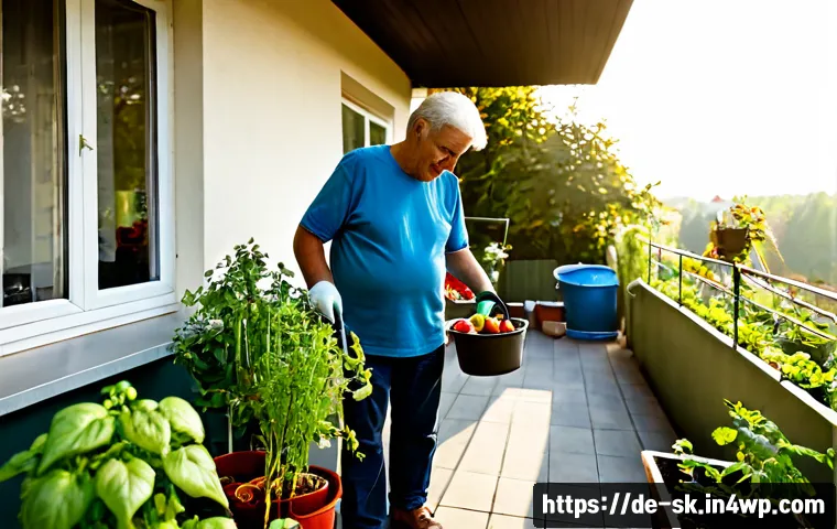 홈가드닝의 장점과 이점 - Photorealistic bright German apartment balcony transformed into a tidy home garden, an older couple ...